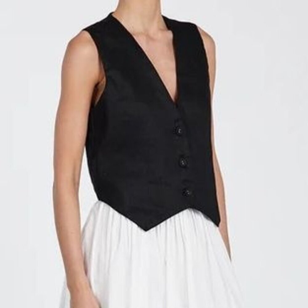 Dissh Banks Black 100% Linen Fully Lined Covered Button Minimalist Vest Size 8